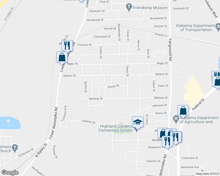 map of restaurants, bars, coffee shops, grocery stores, and more near 3027 Barksdale Street in Montgomery