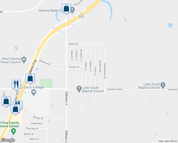 map of restaurants, bars, coffee shops, grocery stores, and more near 3826 Purdue Lane in Abilene