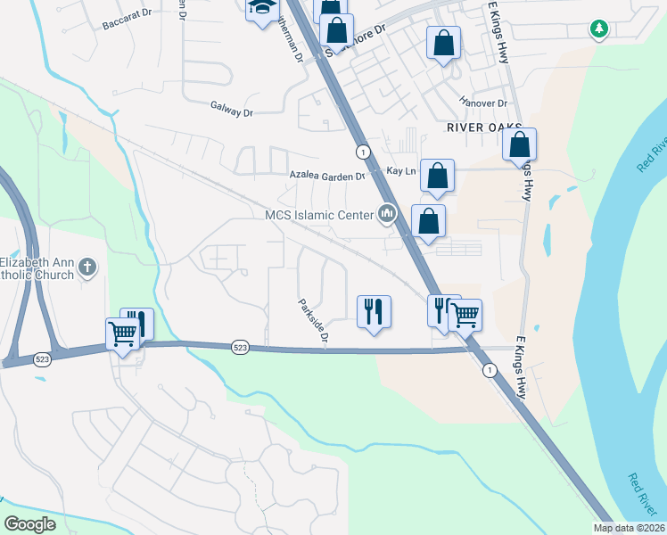 map of restaurants, bars, coffee shops, grocery stores, and more near 623 Woodmere Drive in Shreveport