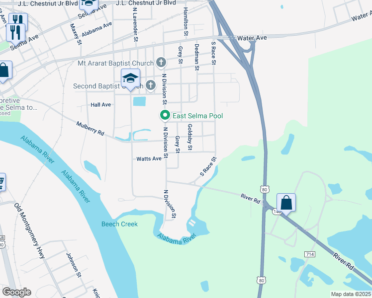 map of restaurants, bars, coffee shops, grocery stores, and more near 392 Grey Street in Selma