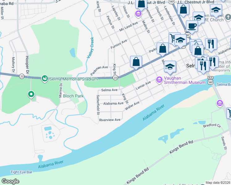 map of restaurants, bars, coffee shops, grocery stores, and more near Selma Avenue in Selma