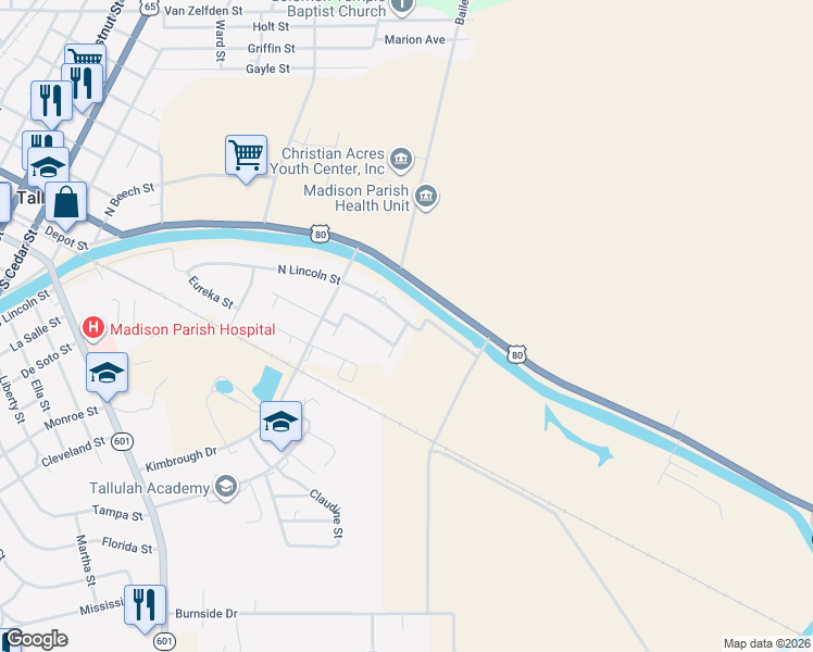 map of restaurants, bars, coffee shops, grocery stores, and more near 516 North Lincoln Street in Tallulah