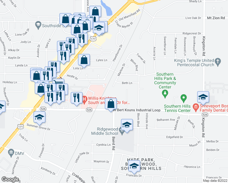 map of restaurants, bars, coffee shops, grocery stores, and more near 9105 Baird Road in Shreveport