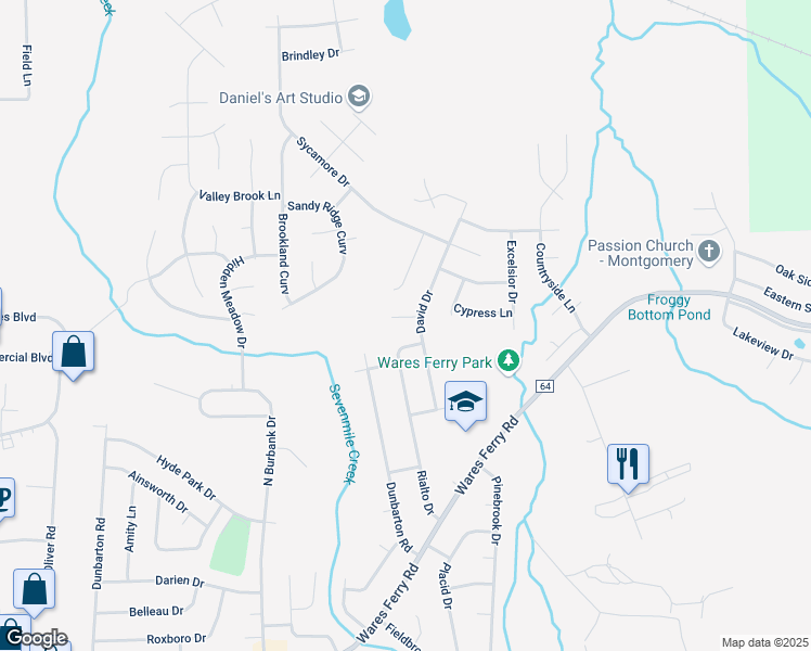 map of restaurants, bars, coffee shops, grocery stores, and more near 6316 Sequoia Drive in Montgomery