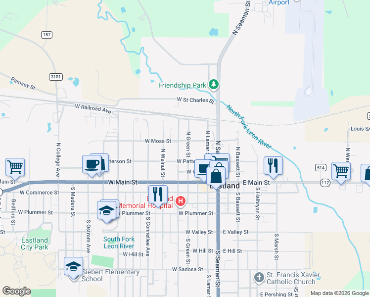 map of restaurants, bars, coffee shops, grocery stores, and more near 408 West Moss Street in Eastland