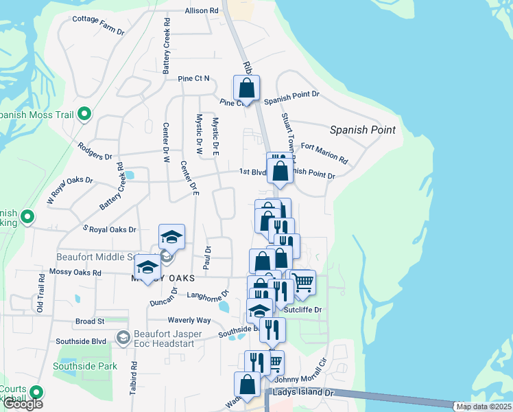 map of restaurants, bars, coffee shops, grocery stores, and more near 33 Tekoa Lane in Beaufort