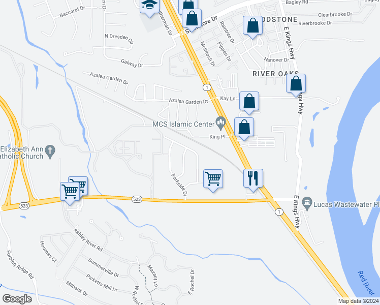 map of restaurants, bars, coffee shops, grocery stores, and more near 627 Woodmere Drive in Shreveport