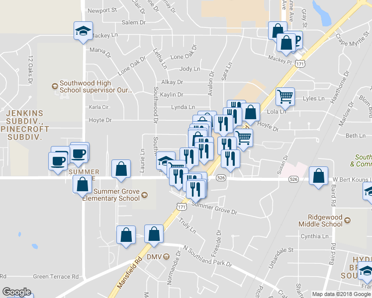 map of restaurants, bars, coffee shops, grocery stores, and more near 2823 Smithfield Road in Shreveport