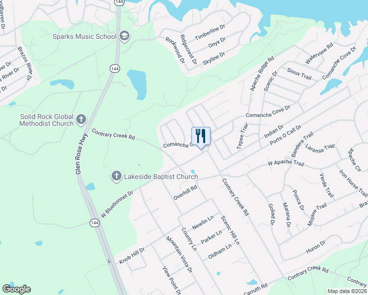 map of restaurants, bars, coffee shops, grocery stores, and more near 717 Comanche Cove Drive in Granbury