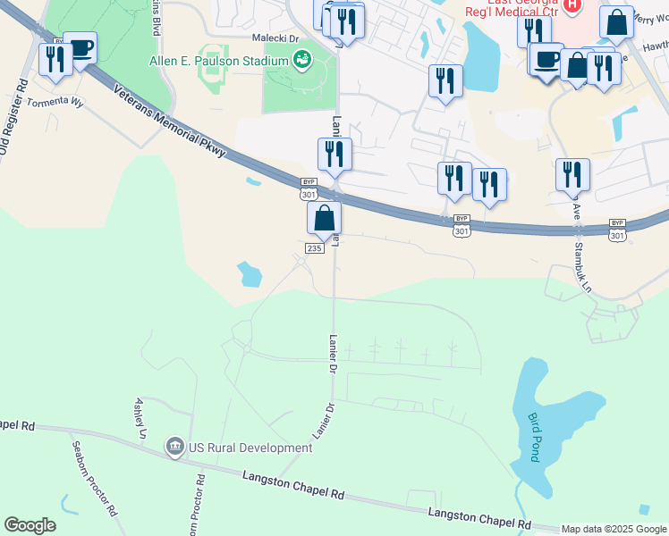 map of restaurants, bars, coffee shops, grocery stores, and more near 317 Lanier Drive in Statesboro