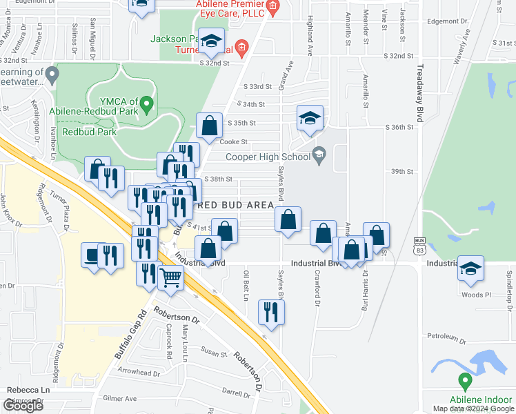 map of restaurants, bars, coffee shops, grocery stores, and more near 2418 South 40th Street in Abilene
