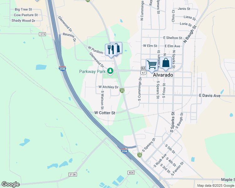 map of restaurants, bars, coffee shops, grocery stores, and more near 104 Sunset Circle in Alvarado