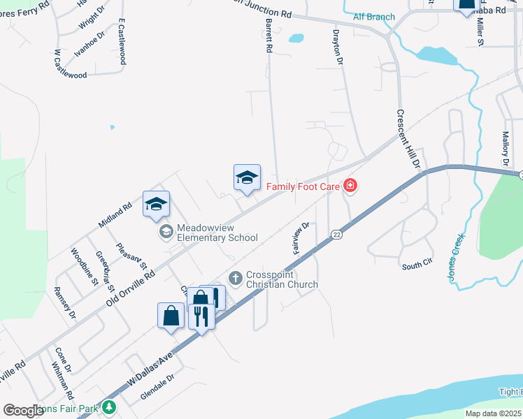 map of restaurants, bars, coffee shops, grocery stores, and more near 1512 Old Orrville Road in Selma
