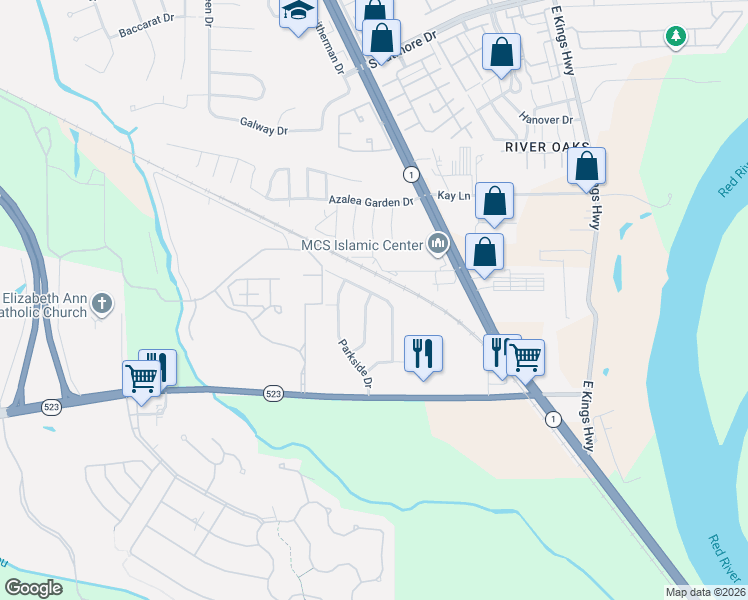 map of restaurants, bars, coffee shops, grocery stores, and more near 623 Woodmere Drive in Shreveport