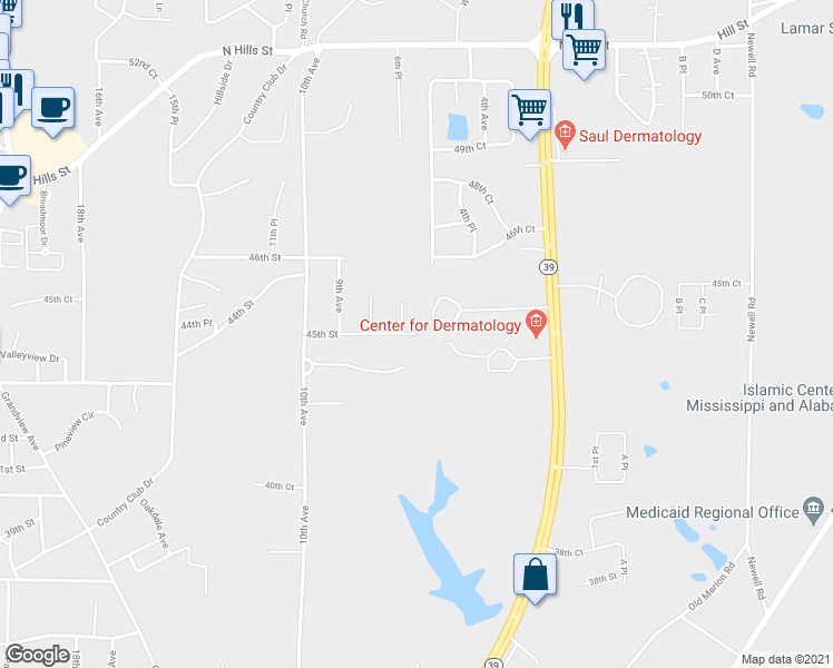 map of restaurants, bars, coffee shops, grocery stores, and more near 301 45th Street in Meridian