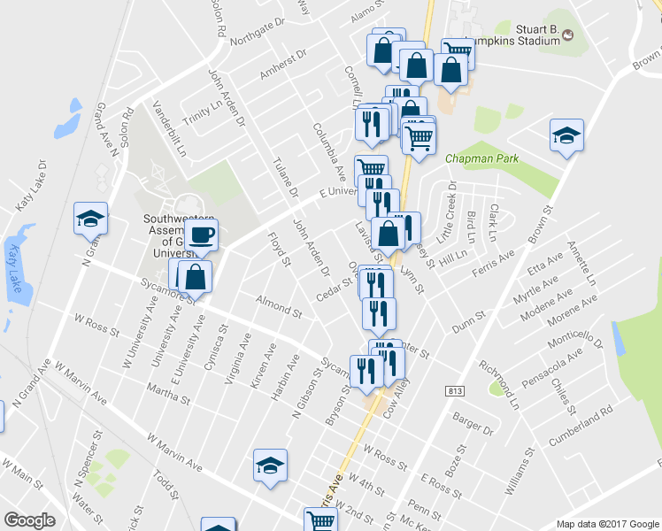 map of restaurants, bars, coffee shops, grocery stores, and more near 502 John Arden Drive in Waxahachie