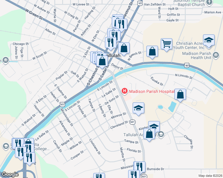 map of restaurants, bars, coffee shops, grocery stores, and more near 211 La Salle Street in Tallulah