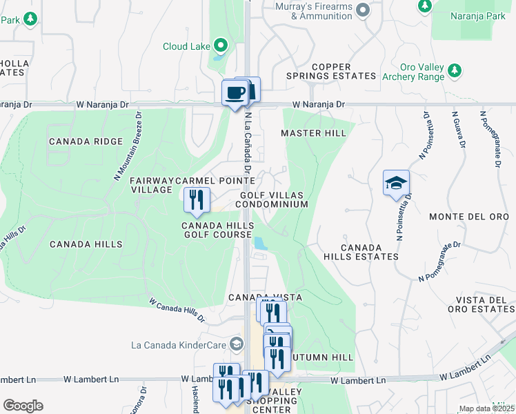 map of restaurants, bars, coffee shops, grocery stores, and more near 218 North Canada Verde in Oro Valley