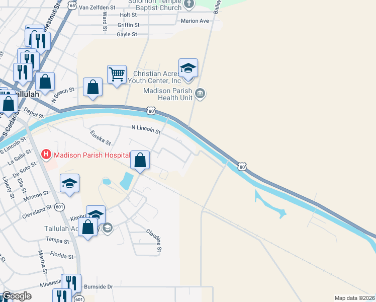 map of restaurants, bars, coffee shops, grocery stores, and more near 516 North Lincoln Street in Tallulah
