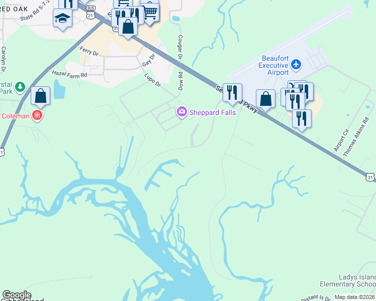 map of restaurants, bars, coffee shops, grocery stores, and more near 41 Little Creek Road in Beaufort