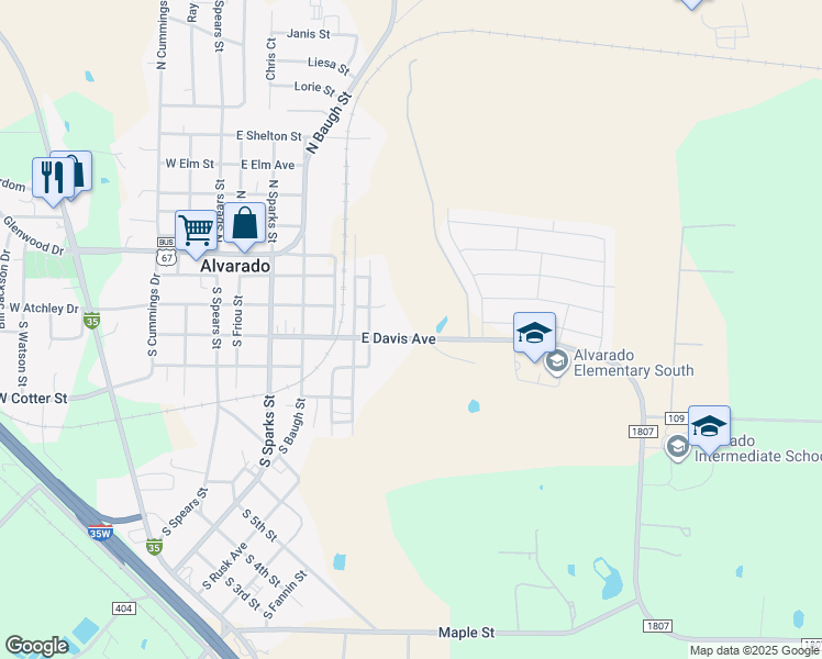map of restaurants, bars, coffee shops, grocery stores, and more near 709 East Davis Avenue in Alvarado
