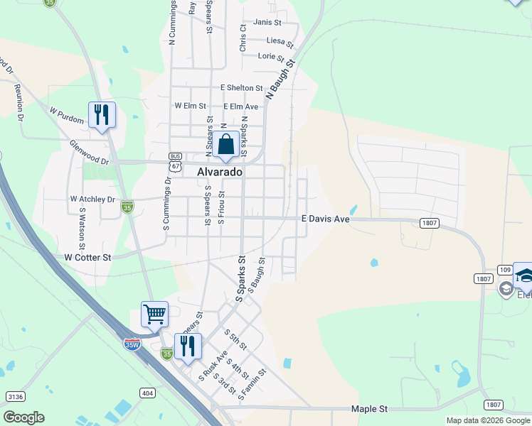 map of restaurants, bars, coffee shops, grocery stores, and more near 401 East Davis Avenue in Alvarado