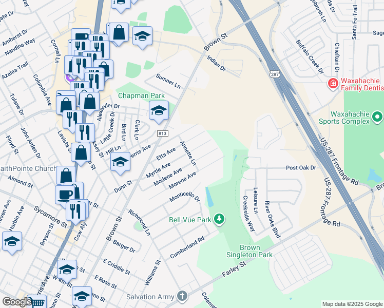 map of restaurants, bars, coffee shops, grocery stores, and more near 300 Myrtle Avenue in Waxahachie