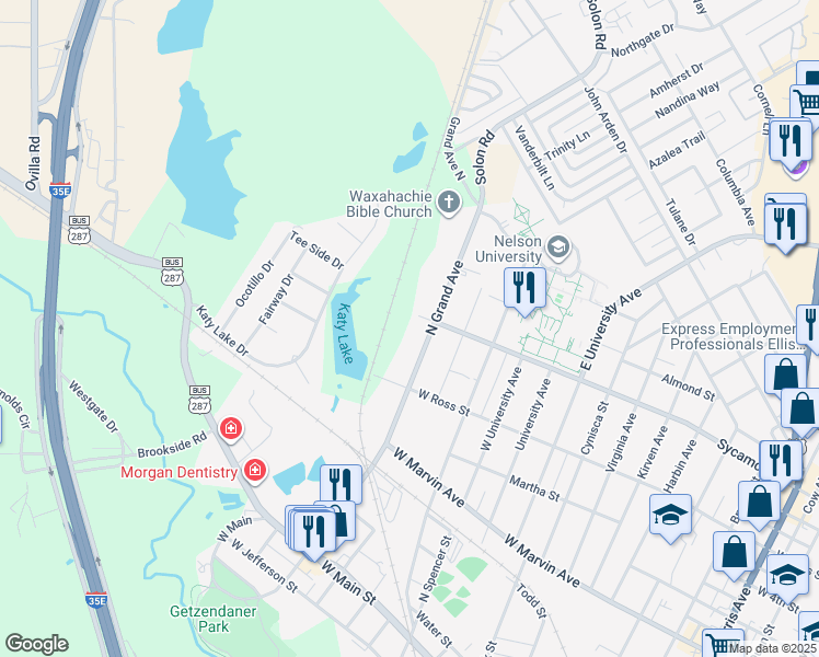 map of restaurants, bars, coffee shops, grocery stores, and more near 523 North Grand Avenue in Waxahachie