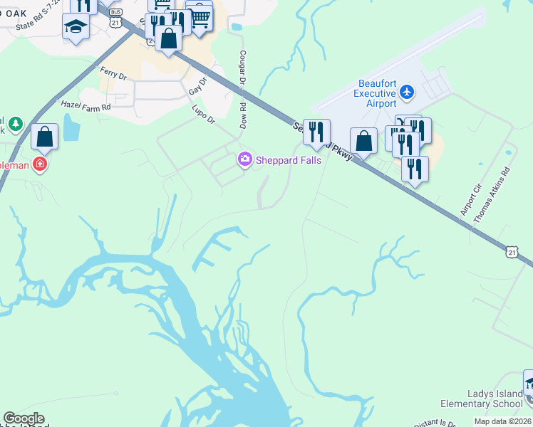 map of restaurants, bars, coffee shops, grocery stores, and more near 41 Little Creek Road in Beaufort