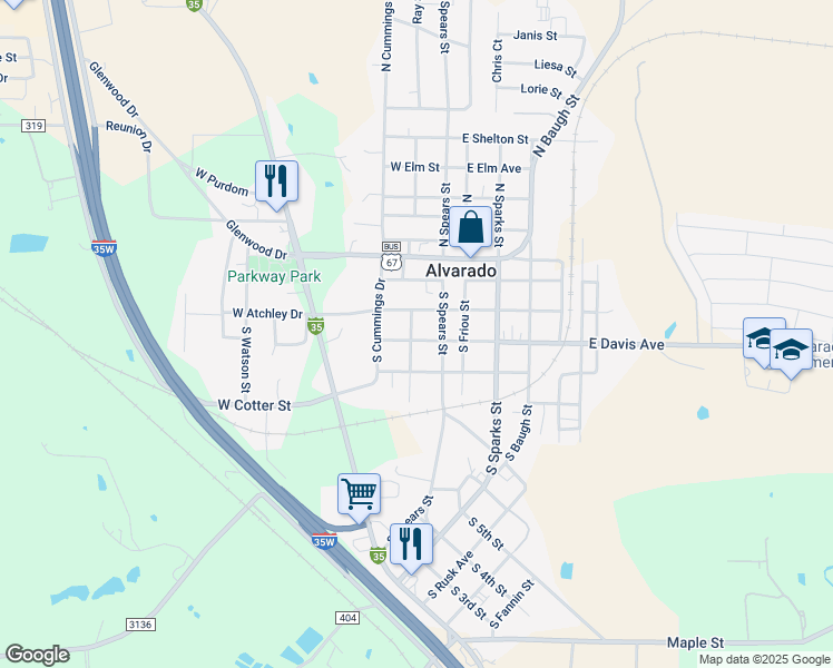 map of restaurants, bars, coffee shops, grocery stores, and more near 307 South Russell Street in Alvarado