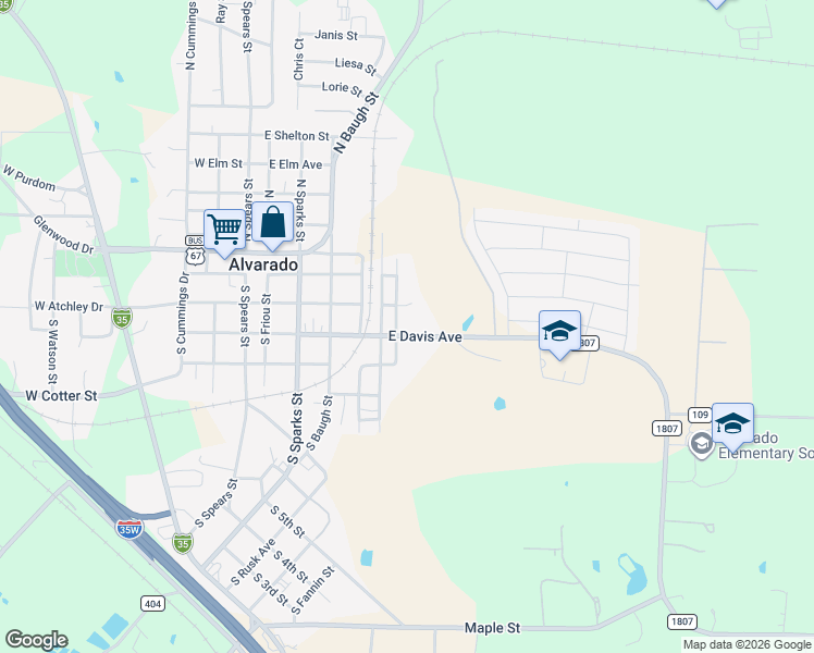 map of restaurants, bars, coffee shops, grocery stores, and more near 701 East Davis Avenue in Alvarado
