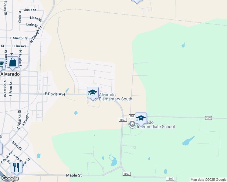 map of restaurants, bars, coffee shops, grocery stores, and more near 329 White Tail Lane in Alvarado