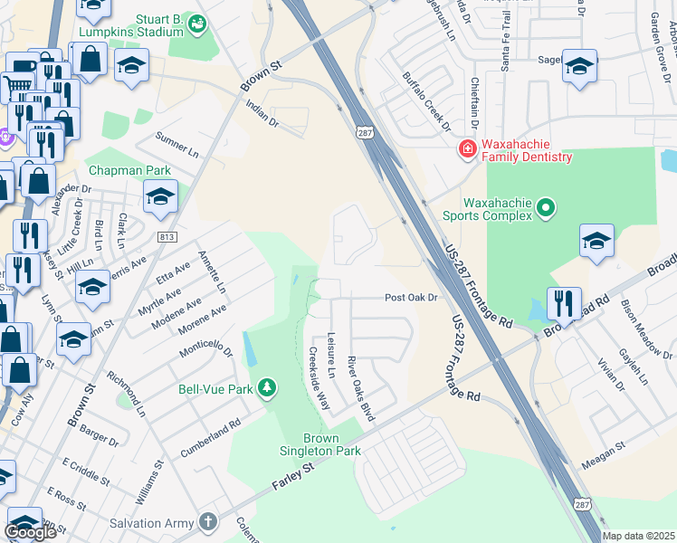 map of restaurants, bars, coffee shops, grocery stores, and more near 97 Elmwood Trail in Waxahachie