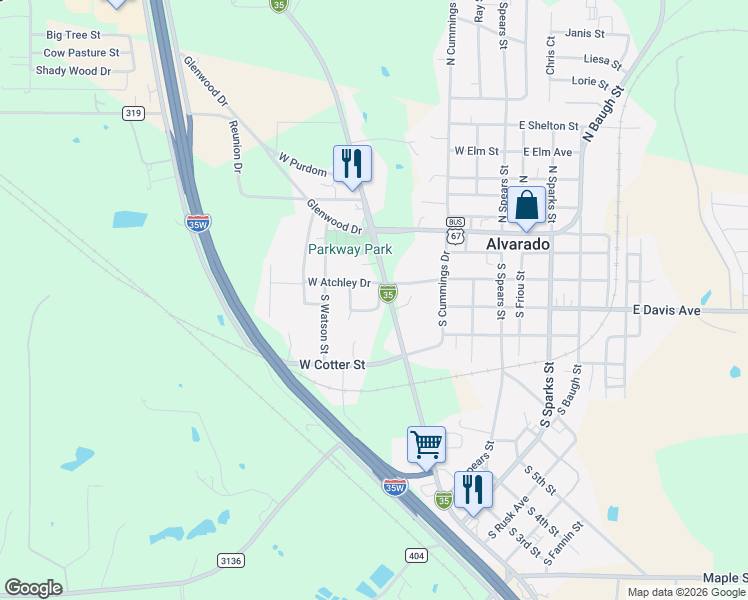 map of restaurants, bars, coffee shops, grocery stores, and more near 104 Sunset Circle in Alvarado