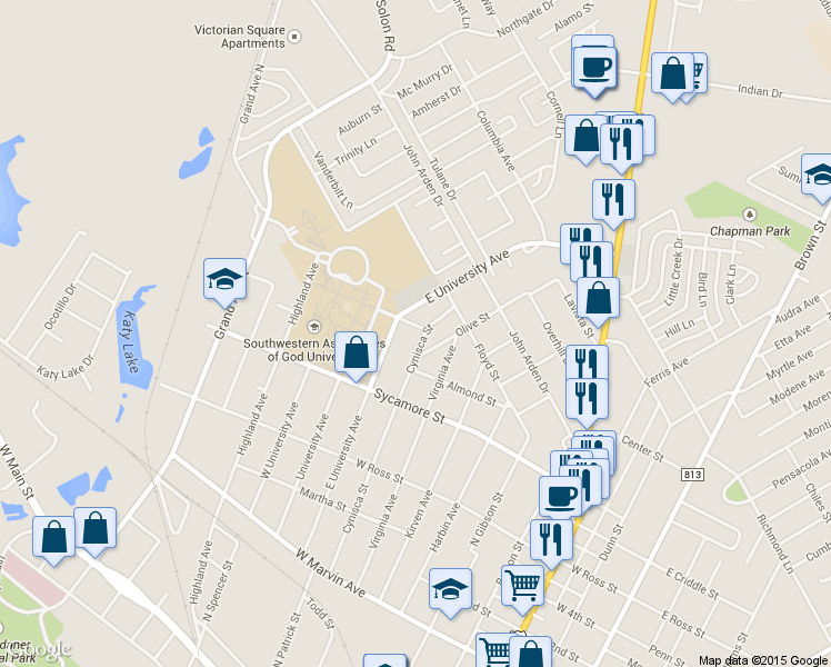 map of restaurants, bars, coffee shops, grocery stores, and more near 429 Cynisca Street in Waxahachie