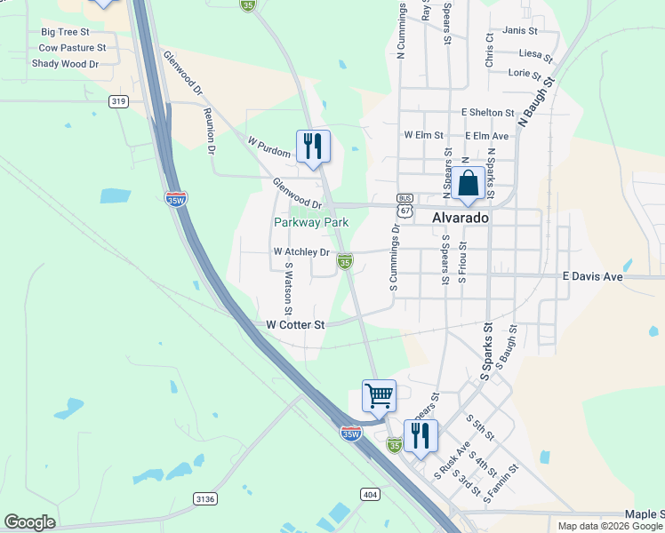 map of restaurants, bars, coffee shops, grocery stores, and more near 104 Sunset Circle in Alvarado