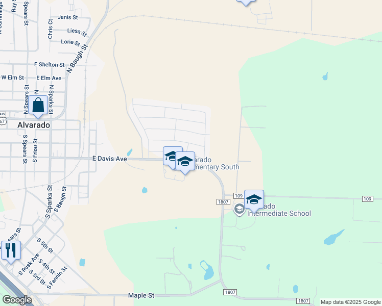 map of restaurants, bars, coffee shops, grocery stores, and more near 1101 Raptor Road in Alvarado