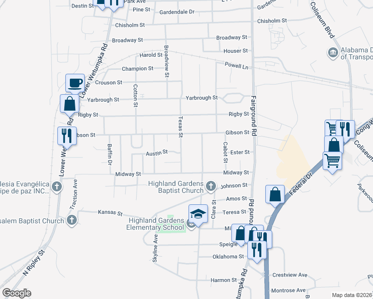 map of restaurants, bars, coffee shops, grocery stores, and more near 3056 Texas Street in Montgomery