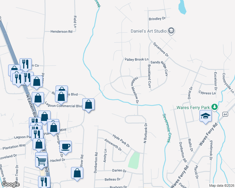 map of restaurants, bars, coffee shops, grocery stores, and more near 5728 Sweet Meadow Drive in Montgomery