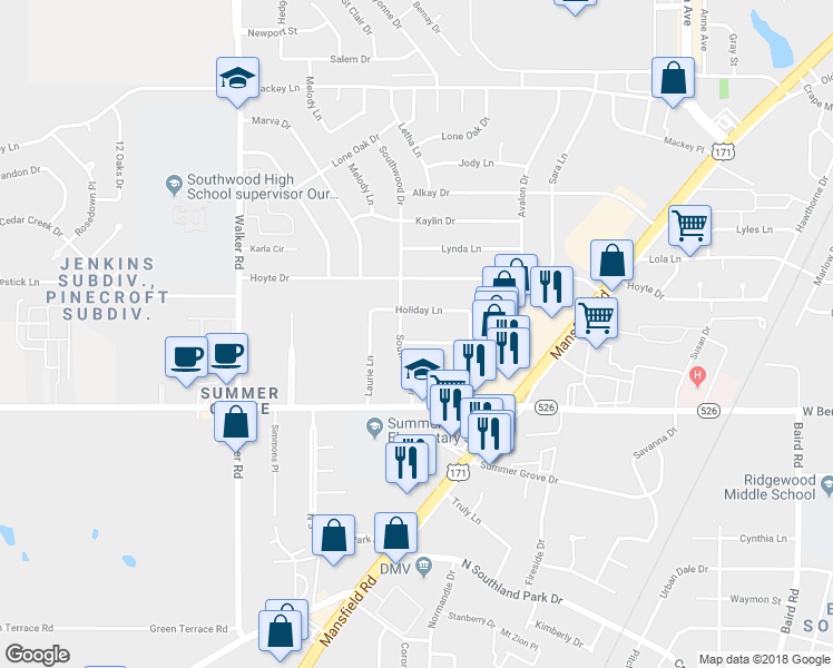 map of restaurants, bars, coffee shops, grocery stores, and more near 2850 Smithfield Road in Shreveport
