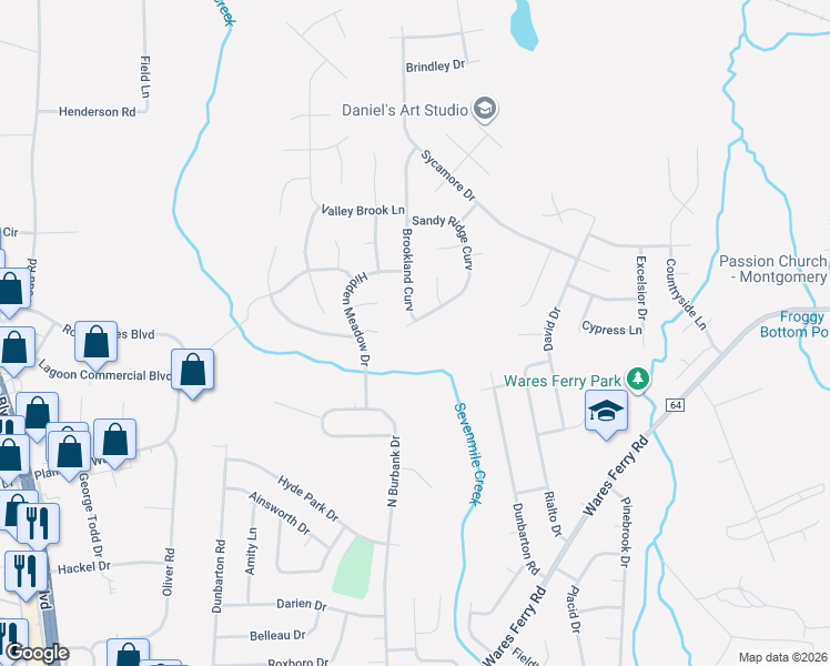 map of restaurants, bars, coffee shops, grocery stores, and more near 6447 Sandy Ridge Curve in Montgomery
