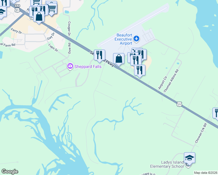 map of restaurants, bars, coffee shops, grocery stores, and more near 8 Founders Walk in Beaufort