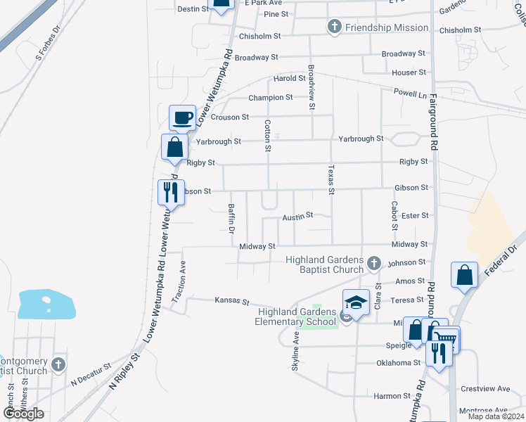 map of restaurants, bars, coffee shops, grocery stores, and more near 1820 Cotton Court in Montgomery