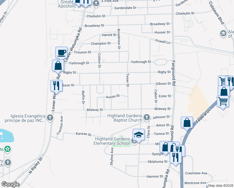map of restaurants, bars, coffee shops, grocery stores, and more near 1811 Austin Street in Montgomery