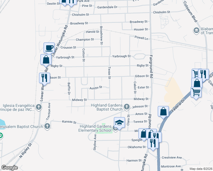 map of restaurants, bars, coffee shops, grocery stores, and more near 3056 Texas Street in Montgomery