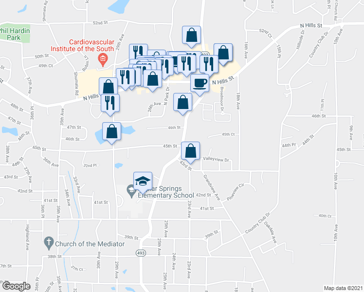 map of restaurants, bars, coffee shops, grocery stores, and more near 2401 45th Street in Meridian
