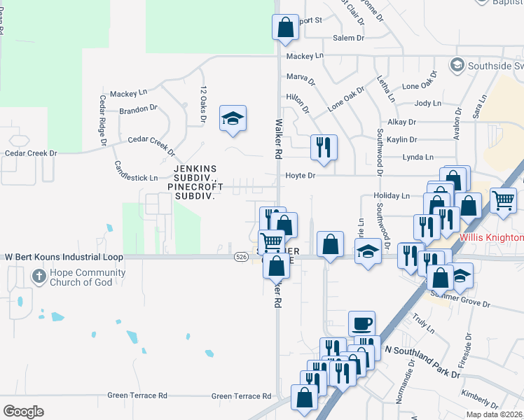 map of restaurants, bars, coffee shops, grocery stores, and more near 9100 Walker Road in Shreveport