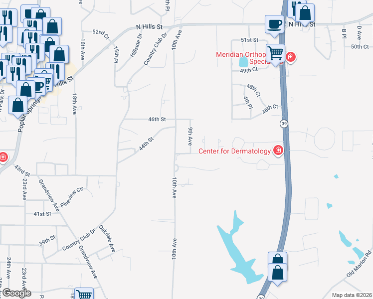 map of restaurants, bars, coffee shops, grocery stores, and more near 900 45th Street in Meridian