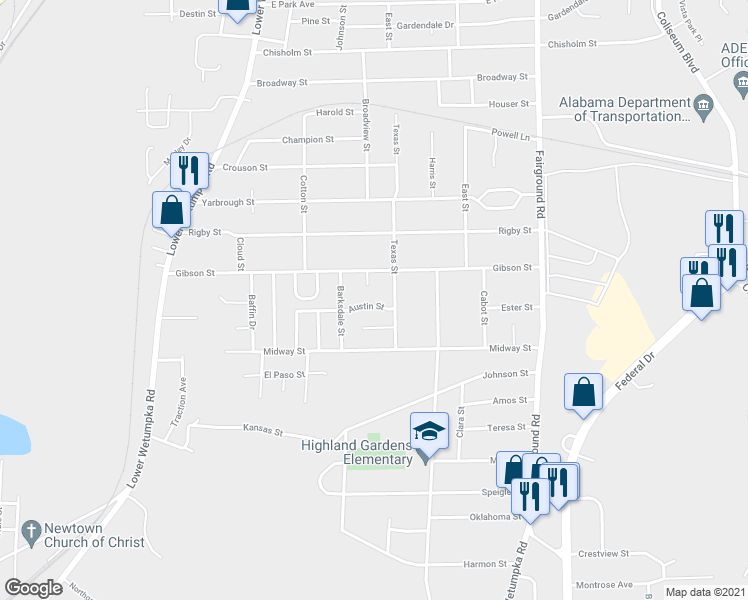 map of restaurants, bars, coffee shops, grocery stores, and more near 1823 Austin Street in Montgomery
