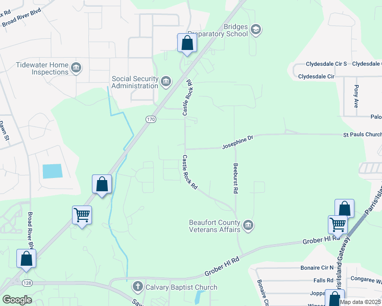 map of restaurants, bars, coffee shops, grocery stores, and more near 12 Josephine Drive in Beaufort